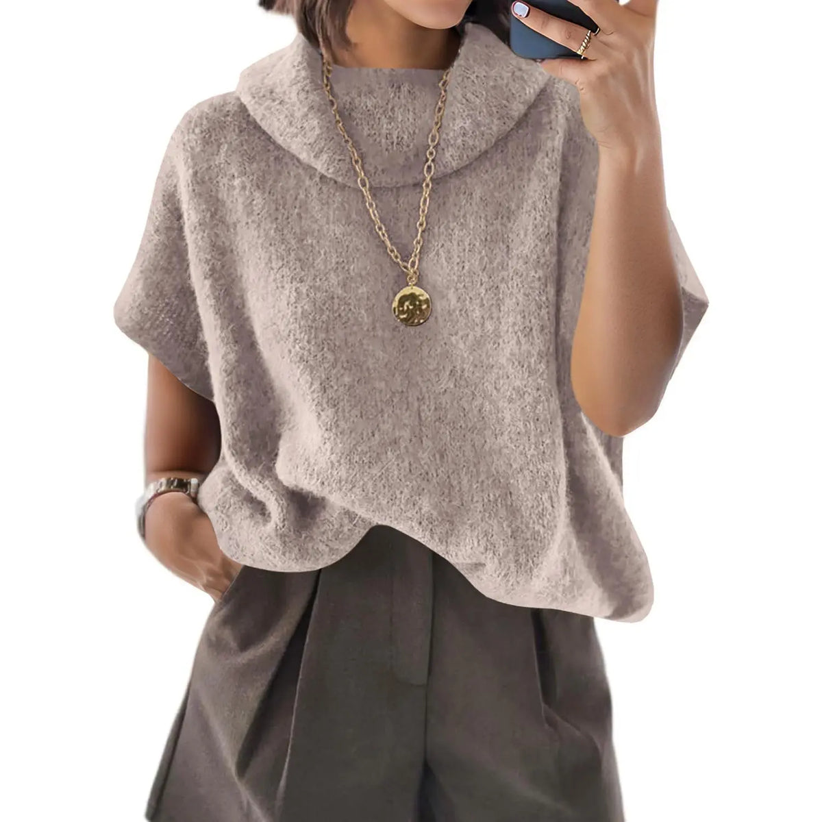 UNCLECAT Women'S Knitwear Short-Sleeve Batwing Oversized Turtleneck Collared Knit Pullover - Casual Basic Lightweight Loose Slouchy Clothes Womenswear, Shortsleeve, Polyester, Acrylic, Knit Tops, Collared Knit Clothing, Party