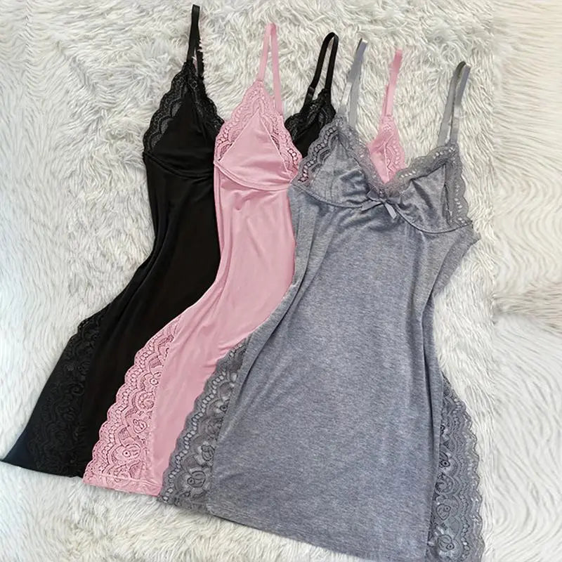 CHICME Women'S Lace Trim Side Slit Modal Cami Sleep Dress Loungewear Cute Night Gown for Women Lightweight Soft Nightwear