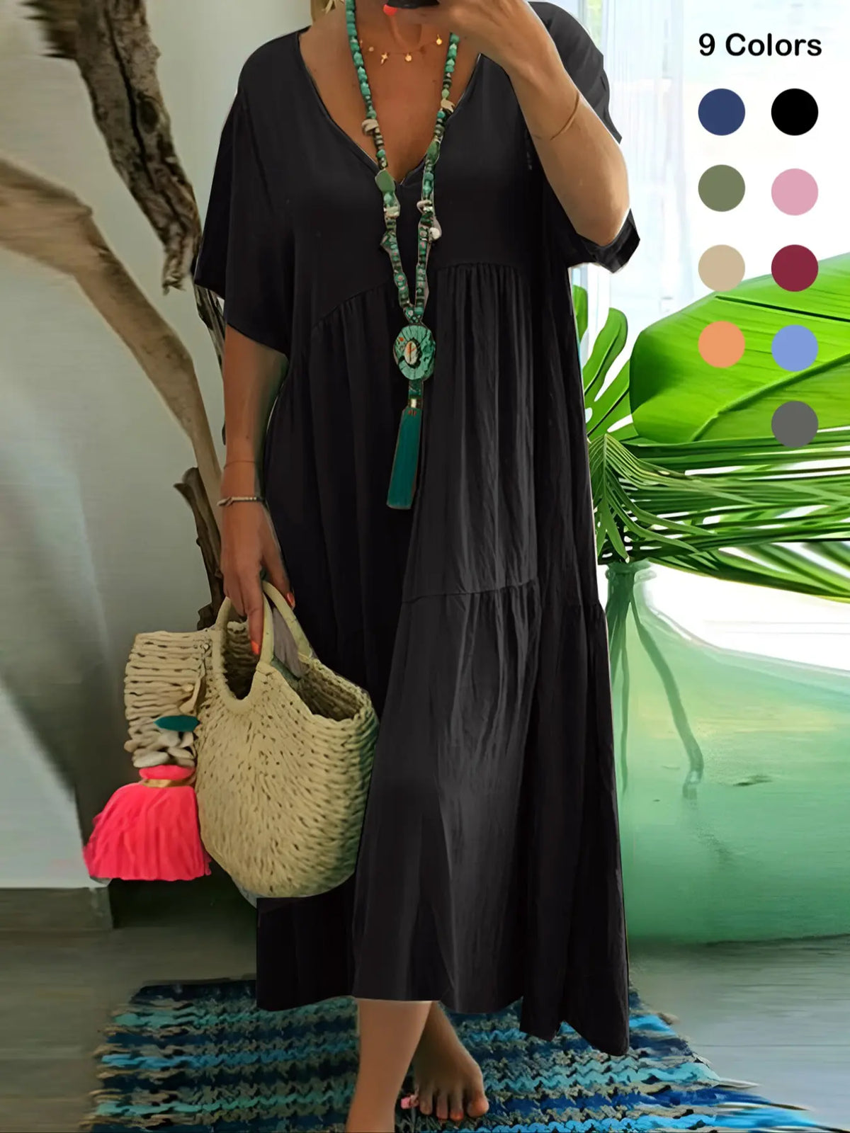 Plus Size Women'S Summer Casual Loose V-Neck Plain Long Dress, Bohemian Boho Style, Short Sleeve, Tiered Layer, Spring & Fall Fashion