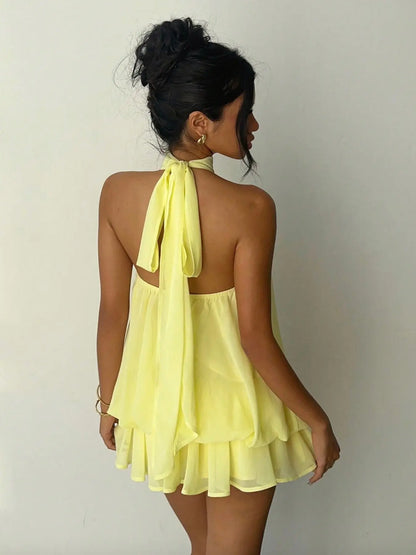 Women'S Chiffon Elegant Chic Halter Tie Mini Dress, Backless, Women Dating Dress, Women Night Out Dress, Summer Dresses for Women, Honeymoon Outfits Woman, Women Wedding Guest Dress, Island Vacation Outfits, Sun Dresses for Women, Halter Neck, Evening