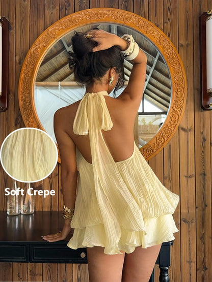 Women'S Chiffon Elegant Chic Halter Tie Mini Dress, Backless, Women Dating Dress, Women Night Out Dress, Summer Dresses for Women, Honeymoon Outfits Woman, Women Wedding Guest Dress, Island Vacation Outfits, Sun Dresses for Women, Halter Neck, Evening