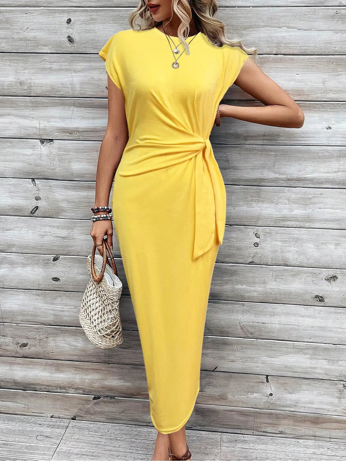 Women'S Solid Color / Striped / All over Print Knot Batwing Sleeve Dress, Casual Short Sleeve round Neck Long Dress, Ladies Clothes for Beach Holiday, Casual Everyday Wear