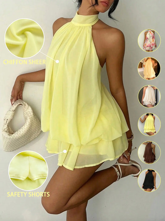 Women'S Chiffon Elegant Chic Halter Tie Mini Dress, Backless, Women Dating Dress, Women Night Out Dress, Summer Dresses for Women, Honeymoon Outfits Woman, Women Wedding Guest Dress, Island Vacation Outfits, Sun Dresses for Women, Halter Neck, Evening