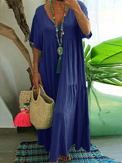 Plus Size Women'S Summer Casual Loose V-Neck Plain Long Dress, Bohemian Boho Style, Short Sleeve, Tiered Layer, Spring & Fall Fashion