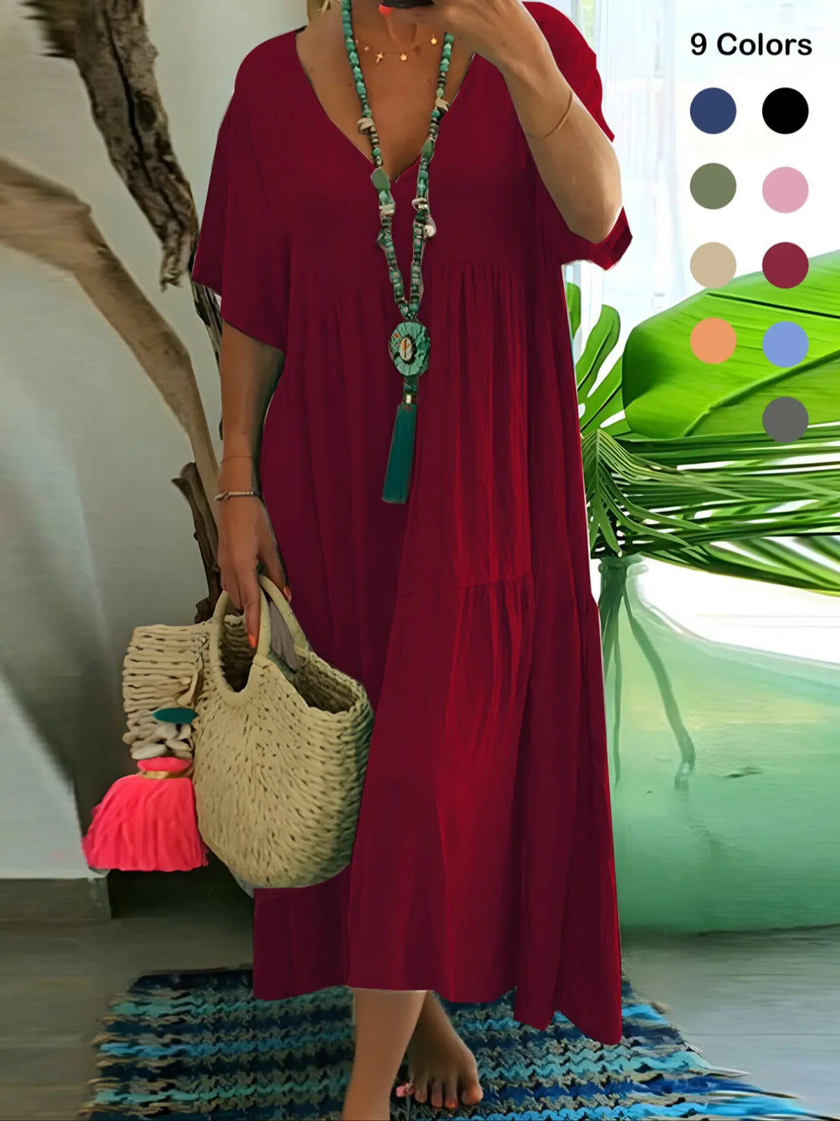 Plus Size Women'S Summer Casual Loose V-Neck Plain Long Dress, Bohemian Boho Style, Short Sleeve, Tiered Layer, Spring & Fall Fashion
