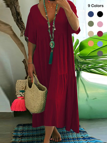 Plus Size Women'S Summer Casual Loose V-Neck Plain Long Dress, Bohemian Boho Style, Short Sleeve, Tiered Layer, Spring & Fall Fashion