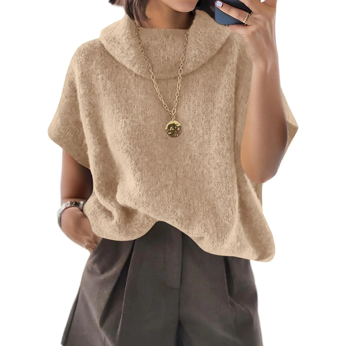 UNCLECAT Women'S Knitwear Short-Sleeve Batwing Oversized Turtleneck Collared Knit Pullover - Casual Basic Lightweight Loose Slouchy Clothes Womenswear, Shortsleeve, Polyester, Acrylic, Knit Tops, Collared Knit Clothing, Party