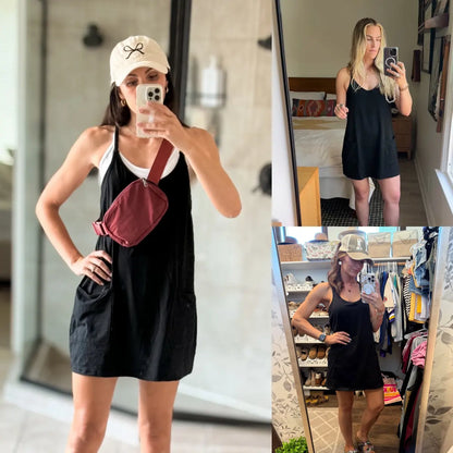 Tanming Women'S Athletic Romper Dress, V-Neck Sleeveless Sun Dress with Built-In Shorts and Pockets for Workout Days, Casual Going Out Outfit, Rompers, Athletic Dress