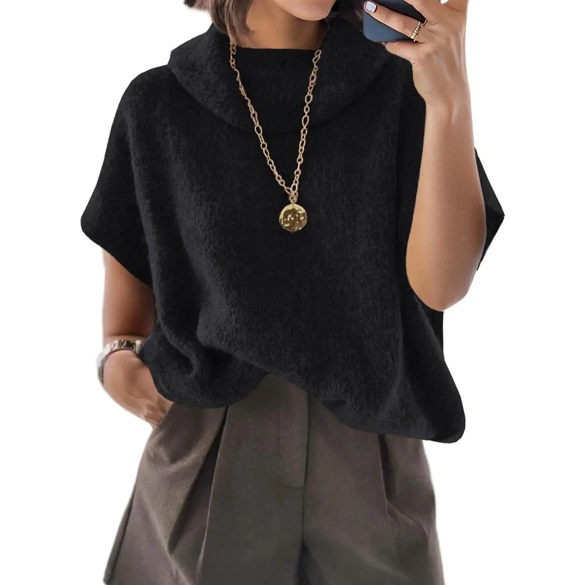 UNCLECAT Women'S Knitwear Short-Sleeve Batwing Oversized Turtleneck Collared Knit Pullover - Casual Basic Lightweight Loose Slouchy Clothes Womenswear, Shortsleeve, Polyester, Acrylic, Knit Tops, Collared Knit Clothing, Party