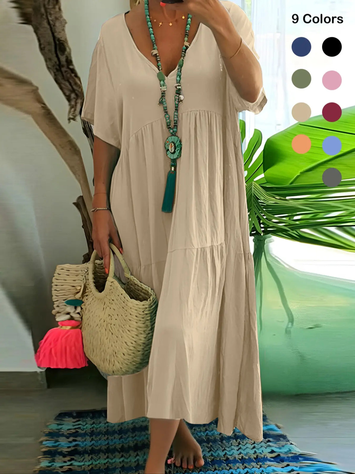 Plus Size Women'S Summer Casual Loose V-Neck Plain Long Dress, Bohemian Boho Style, Short Sleeve, Tiered Layer, Spring & Fall Fashion