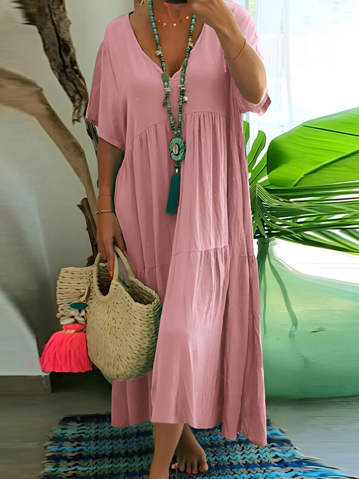 Plus Size Women'S Summer Casual Loose V-Neck Plain Long Dress, Bohemian Boho Style, Short Sleeve, Tiered Layer, Spring & Fall Fashion