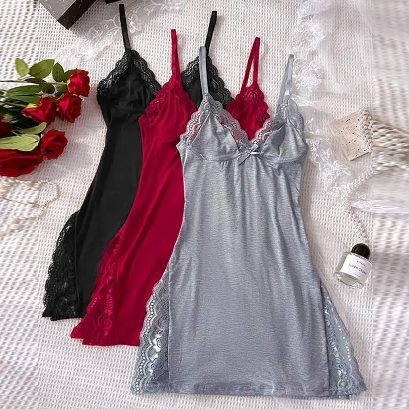 CHICME Women'S Lace Trim Side Slit Modal Cami Sleep Dress Loungewear Cute Night Gown for Women Lightweight Soft Nightwear