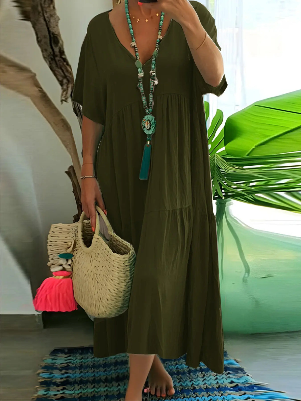 Plus Size Women'S Summer Casual Loose V-Neck Plain Long Dress, Bohemian Boho Style, Short Sleeve, Tiered Layer, Spring & Fall Fashion