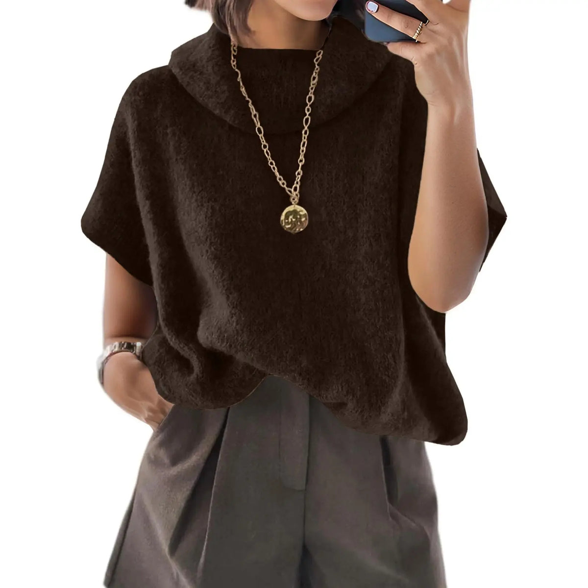 UNCLECAT Women'S Knitwear Short-Sleeve Batwing Oversized Turtleneck Collared Knit Pullover - Casual Basic Lightweight Loose Slouchy Clothes Womenswear, Shortsleeve, Polyester, Acrylic, Knit Tops, Collared Knit Clothing, Party