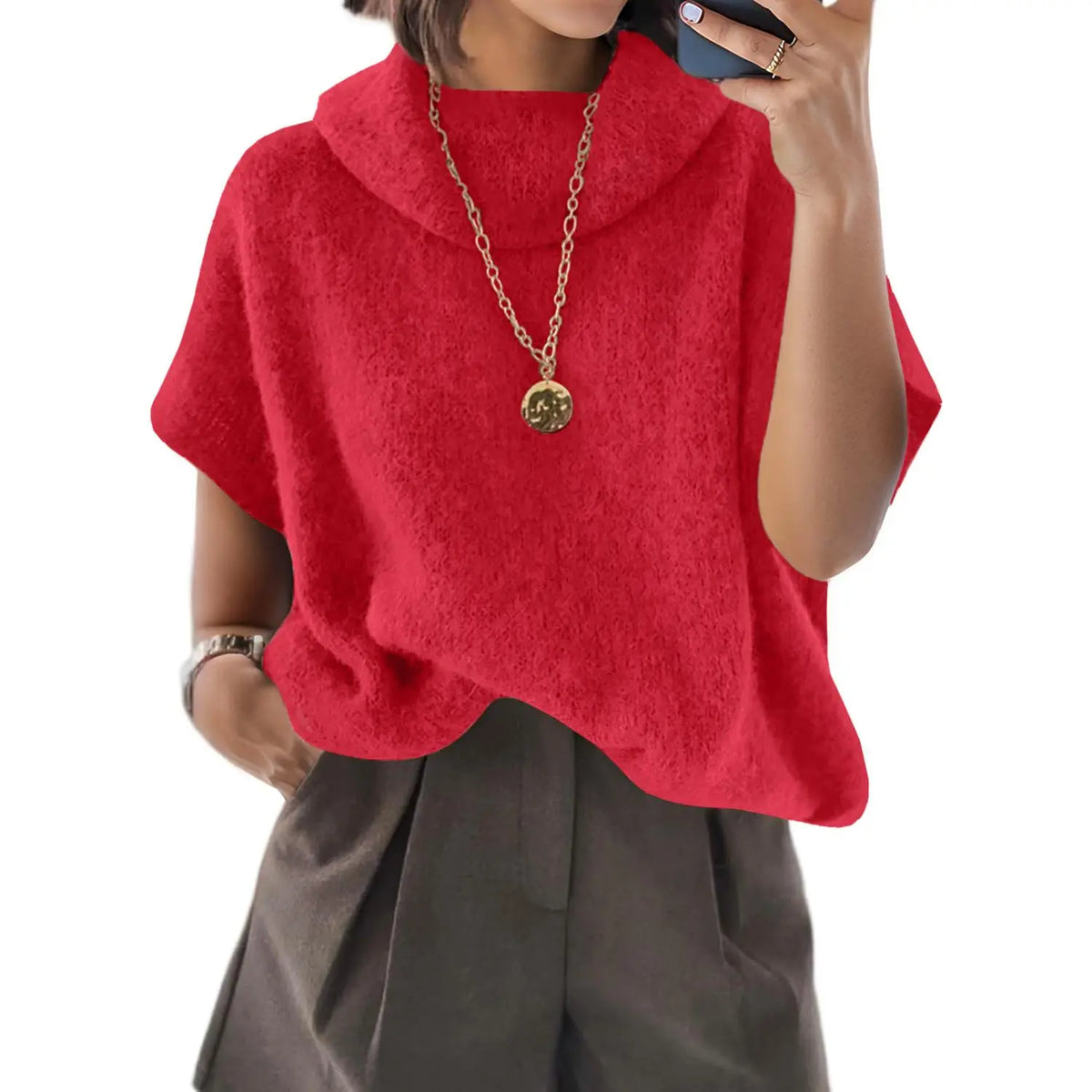 UNCLECAT Women'S Knitwear Short-Sleeve Batwing Oversized Turtleneck Collared Knit Pullover - Casual Basic Lightweight Loose Slouchy Clothes Womenswear, Shortsleeve, Polyester, Acrylic, Knit Tops, Collared Knit Clothing, Party