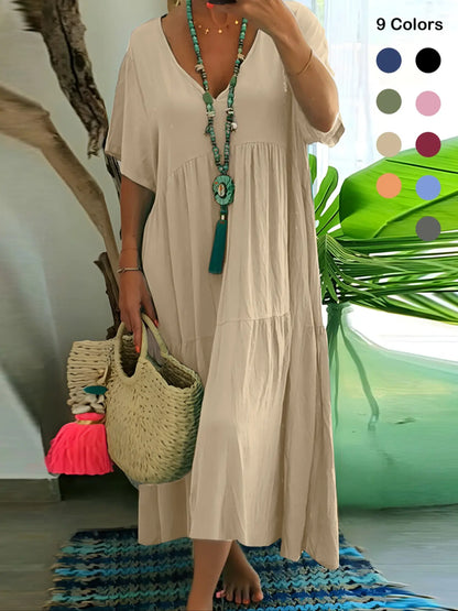 Plus Size Women'S Summer Casual Loose V-Neck Plain Long Dress, Bohemian Boho Style, Short Sleeve, Tiered Layer, Spring & Fall Fashion