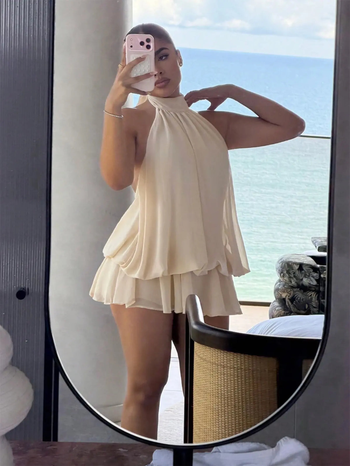 Women'S Chiffon Elegant Chic Halter Tie Mini Dress, Backless, Women Dating Dress, Women Night Out Dress, Summer Dresses for Women, Honeymoon Outfits Woman, Women Wedding Guest Dress, Island Vacation Outfits, Sun Dresses for Women, Halter Neck, Evening
