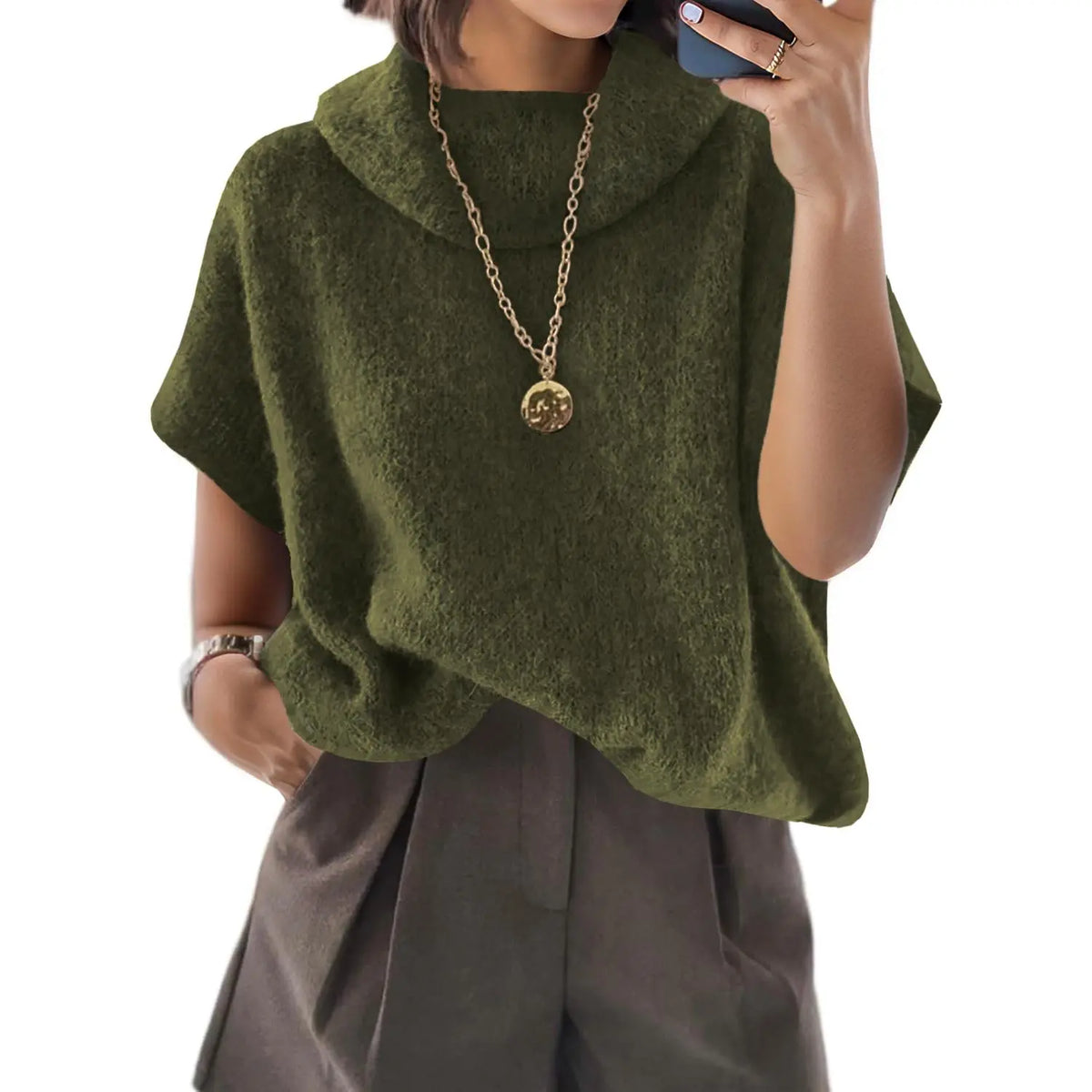 UNCLECAT Women'S Knitwear Short-Sleeve Batwing Oversized Turtleneck Collared Knit Pullover - Casual Basic Lightweight Loose Slouchy Clothes Womenswear, Shortsleeve, Polyester, Acrylic, Knit Tops, Collared Knit Clothing, Party