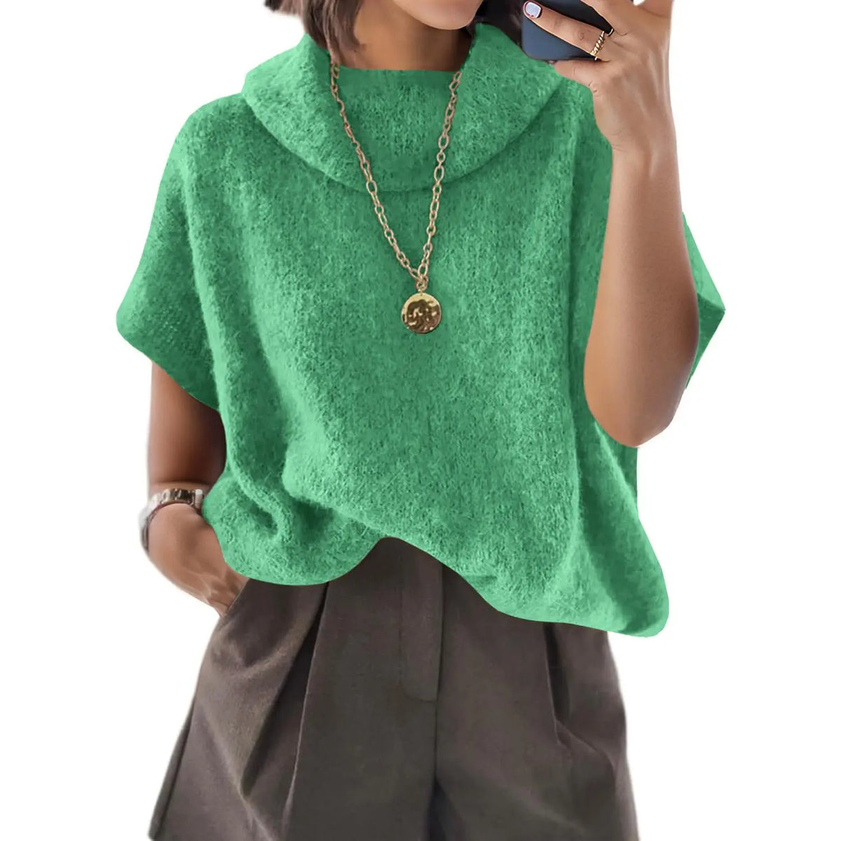 UNCLECAT Women'S Knitwear Short-Sleeve Batwing Oversized Turtleneck Collared Knit Pullover - Casual Basic Lightweight Loose Slouchy Clothes Womenswear, Shortsleeve, Polyester, Acrylic, Knit Tops, Collared Knit Clothing, Party